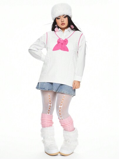 Kawaii Women Plus Size Bow Decor Knitted Sweater Vest