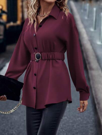 LanaWest Solid Color Button Front With Belt Long Sleeve Elegant Shirt Fall Cloth For Women