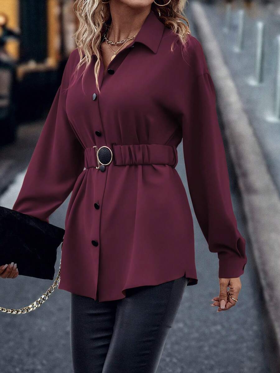 SHEIN LUNE Solid Color Button Front With Belt Long Sleeve Elegant Shirt Fall Cloth For Women - Red Violet - View 1