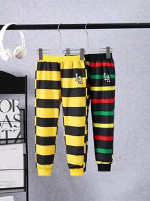 2 szt. Elastyczna talia dla chłopca z aplikacją w kolorowe paski, spodnie sportowe casualowe