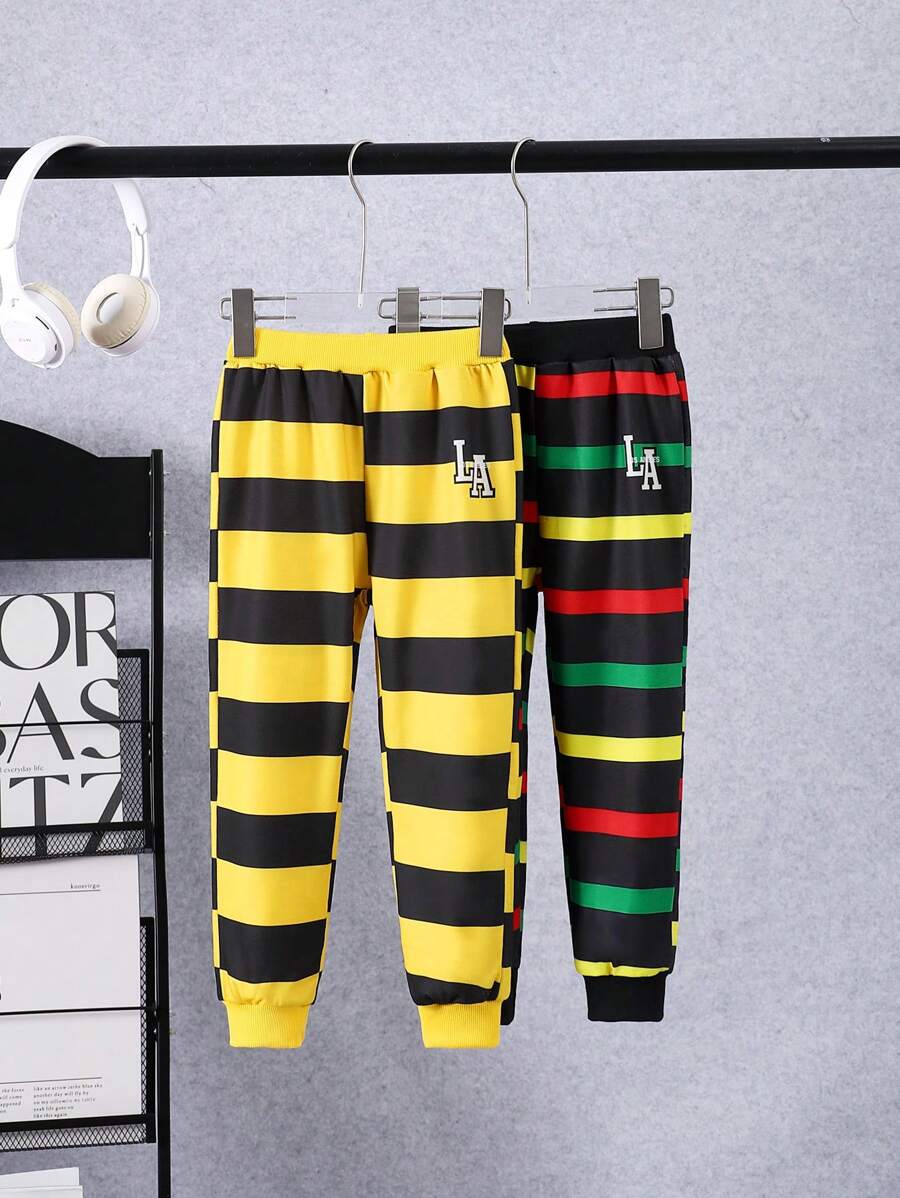 2 szt. Elastyczna talia dla chłopca z aplikacją w kolorowe paski, spodnie sportowe casualowe