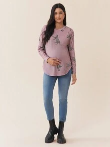 SHEIN Maternity Casual Oversized Drop Shoulder Leopard Print Long Sleeve T-Shirt, Print T-Shirt, Autumn - Brown - View 4