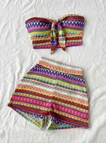 Soleia 2pcs Retro Tie-Up Bandeau Top & High Waist Shorts Set - Multicolor - View 3