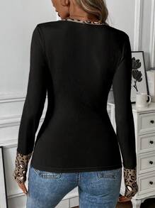 SHEIN LUNE 女式豹纹拼接圆领长袖修身 T 恤，秋季图案猎豹印花 T 恤女式春季上衣 - 黑色 - 查看 2