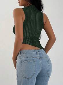 SHEIN SXY 休闲迷人性感闪光条纹网眼透明不对称下摆小立领背心，适合派对、聚会、夜总会 - 墨綠色 - 查看 2