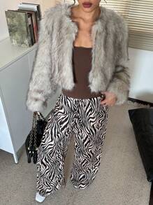 Aloruh Women Zebra Print Elastic Waist Front Tie Decoration Loose Wide Leg Pants - Black - View 5