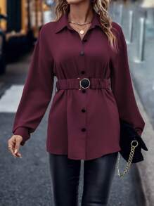 SHEIN LUNE Solid Color Button Front With Belt Long Sleeve Elegant Shirt Fall Cloth For Women - Red Violet - View 6