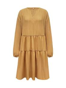 Women's Solid Color V-Neck Ruffle Hem Casual Long Sleeve Mid-Length Dress - Yellow - View 3