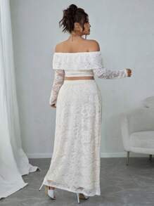 Flirla 2pcs/Set Plus Size Elegant Off Shoulder Cropped Top And Skirt, Autumn - White - View 2