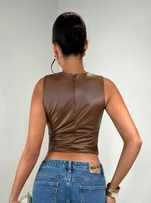 SHEIN BAE Women Plain Crew Neck Sleeveless Pleated Casual Tank Top - Mocha Brown - View 2