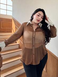 SHEIN Privé Plus Size Women Contrast Color Sheer Shimmer Blouse, Back To School For Fall - Brown - View 2