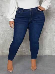 SHEIN CURVE+ 大码纯色紧身口袋休闲百搭牛仔裤