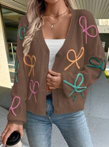 Chiquease 彩色蝴蝶结设计针织开衫，甜美优雅时尚 - 咖啡棕 - 查看 1