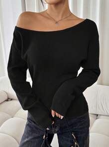 SHEIN SXY Women's Solid Asymmetrical Neckline Casual Long Sleeve Red Sweater Casual Party Elegant Home Sexy Autumn Winter Leisure Christmas Halloween New Year Asymmetrical Top,Off The Shoulder Sweater - Black - View 5