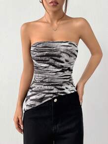 SHEIN EZwear 1 pièce Top plissé à ourlet asymétrique imprimé zèbre pour femmes