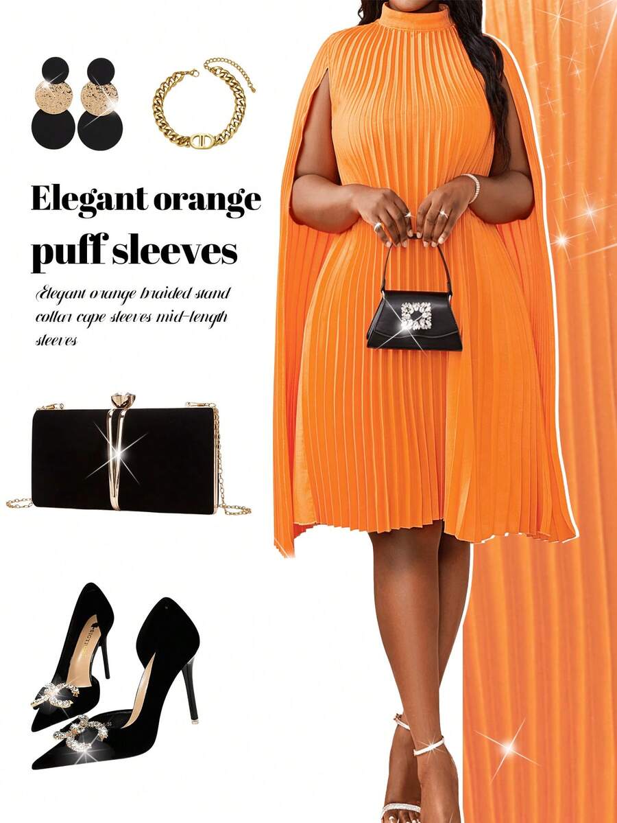 SHEIN Lady Vestido largo de manga larga elegante naranja de estilo griego de diosa con cuello alto y tejido para primavera, verano, otoño e invierno, talla grande, vestido formal de color amarillo y dorado para vacaciones - Naranja - Ver 1