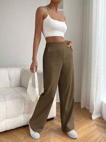SHEIN EZwear Quần ống đứng đơn giản, họa tiết trơn, túi bên hông, mặc hàng ngày cho nữ - Màu nâu  Mocha - Xem 6