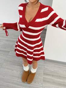 SHEIN EZwear Women Casual Daily Wear Color Block Striped Cable Knit Sweater Dress, Autumn/Winter