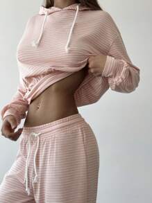 Aloruh Set de 2 piezas con conjunto casual de rayas azules y blancas para ir y venir, incluye top corto con capucha de manga larga holgada y pantalones maxi de cintura elástica