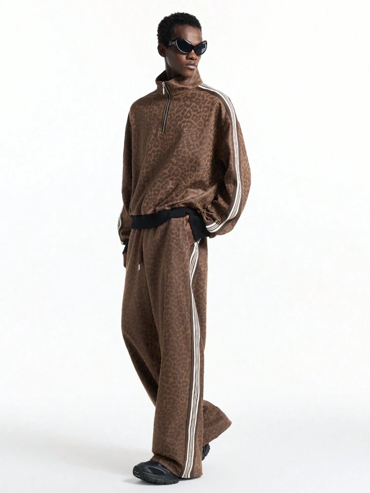 Men's Suede Send High Collar Half Open Leopard Print Jacket And Pants Set, For Fall Winter