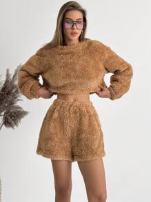 Aloruh Bộ 2 áo nỉ và quần short nữ trang phục ấm áp cơ bản, mùa thu/đông - Màu Khaki - Xem 4