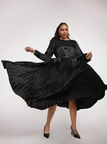 SHEIN Clasi Elegantes schwarzes plissiertes Kleid in Große Größen - Schwarz - Übersicht 1