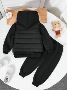 SHEIN Playful Pals 3pcs Baby Boy Landmark Print Hooded Sweatshirt Set With Warm Vest, Suitable For Autumn/Winter Multiple Occasions, Black Set With Black Vest Match All - Multicolor - View 2