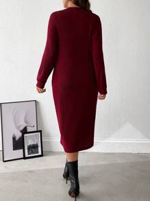 SHEIN LUNE Vestido elegante de manga larga con botones y textura estriada de unicolor para mujer talla grande, otoño