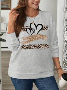 SHEIN LUNE Plus Size Women Casual Heart Leopard Print Long Sleeve Round Neck Loose Sweatshirt Pullover, Autumn/Winter