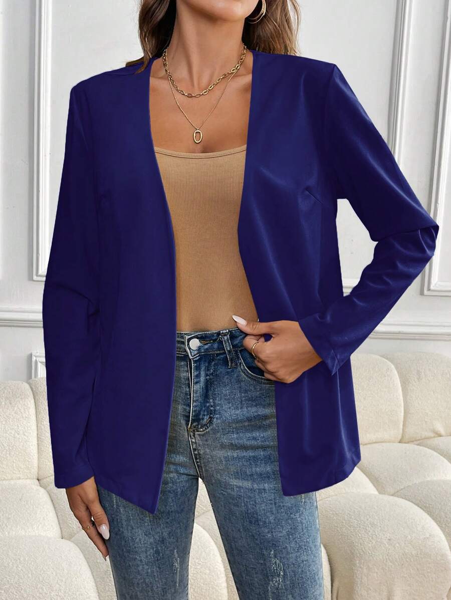 SHEIN LUNE 休闲简约纯色前开西装外套 - 寶藍色 - 查看 1