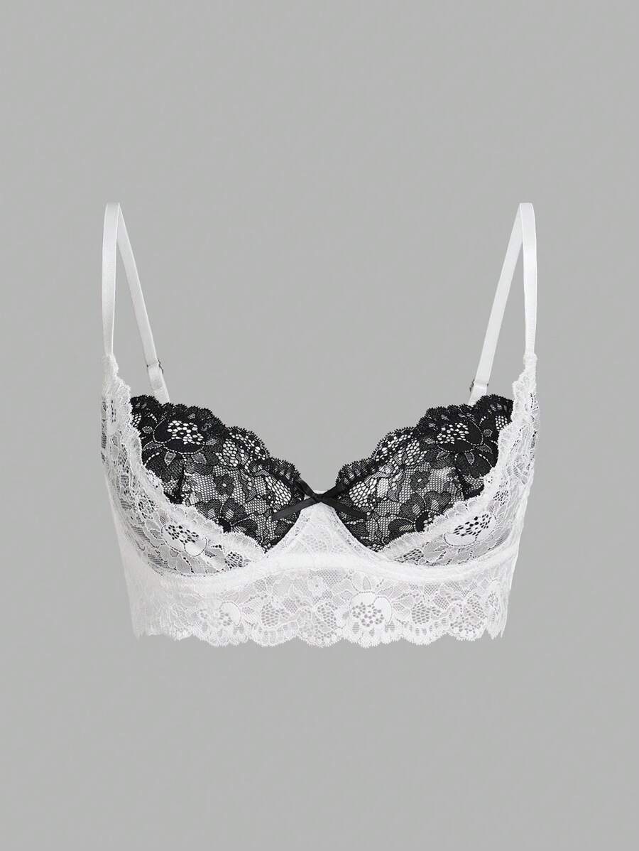 SHEIN ICON Color Block Double Layer Lace Cup Bow Decor Sexy Lingerie Bralette - Black and White - View 1