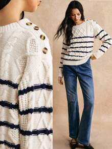 Poéselle 女士条纹印花圆领长袖套头衫，2024 秋冬，冬装，蓬松，优雅女士，商务女士服装 - 黑與白 - 查看 1