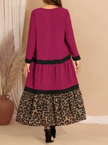 EMERY ROSE Plus Size Women Leopard Print Round Neck Color Block Trim Long Sleeve Dress,Winter Clothes For Women - Burgundy - View 2