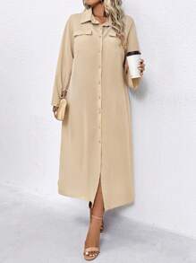 SHEIN LUNE Plus Size Women Casual Khaki Pocket Dress