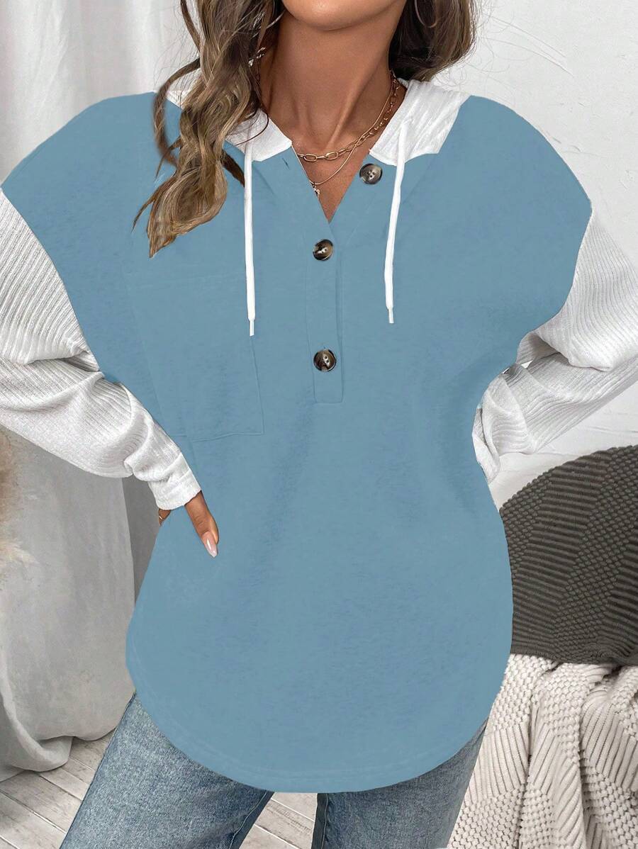 SHEIN LUNE 1pc Women Ribbed Colorblock Long Sleeve Hoodie Sweatshirt Pullover Fall - Blue - View 1