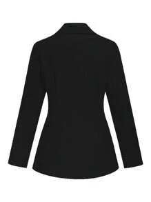SHEIN Clasi 女士纯色翻领双排扣西装外套和直筒阔腿裤套装 - 黑色 - 查看 4