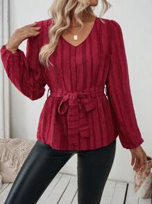 SHEIN LUNE Women's Fashion Elegant Solid Color Belted Blouse Fall Cloth For Women - Burgundy - View 5