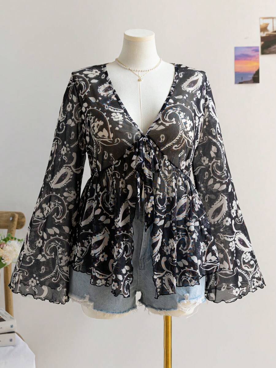 Soleia 大码女式复古佩斯利印花针织网眼前开收腰喇叭袖衬衫，适合假日/冬季