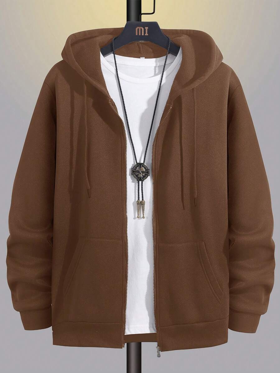 EURMUSE Classic Men's Zip-Up Pocket Patch Sweatshirt - Brown - View 1