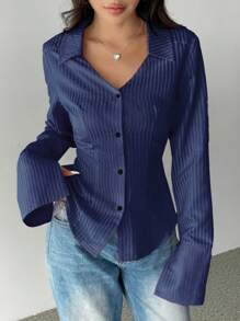 Flirla Women Solid Color Front Button Asymmetric Hem Long Sleeve Blouse Women Shirt