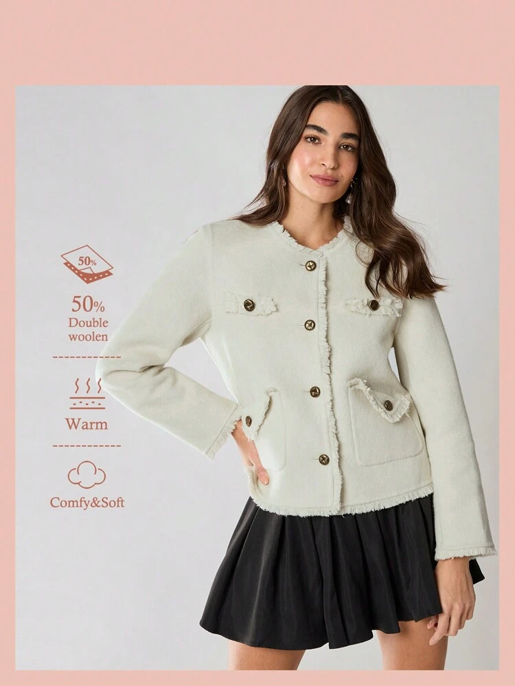 Novos Produtos de Outono e Inverno, Sobretudo Elegante de Mangas Longas com Abotoamento Frontal e Acabamento Esfarrapado Dupla Face para Mulheres, Roupas Femininas de Outono e Inverno, Conjuntos Femininos de Outono, Roupas de Inverno, Roupas para Clima Frio, Casaco Feminino de Inverno, Roupas de Natal Femininas