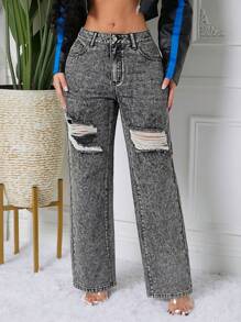 SHEIN SXY 女式纽扣前口袋做旧简约设计牛仔裤，日常休闲穿着 - 灰色 - 查看 1