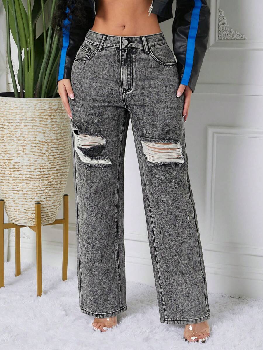 SHEIN SXY 女式纽扣前口袋做旧简约设计牛仔裤，日常休闲穿着 - 灰色 - 查看 1