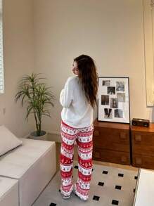 SHEIN Leap Crew 2 bộ đồ ngủ tay dài cổ tròn họa tiết cây thông Noel thường ngày cho bé gái tuổi teen và gấu vải nỉ mềm mại, trái tim, quần ngủ in hình cây thông Noel, mùa thu/đông - Đỏ và trắng - Xem 2