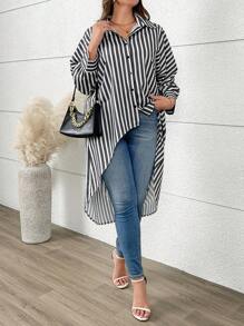 SHEIN LUNE 女士休闲高低宽松条纹衬衫