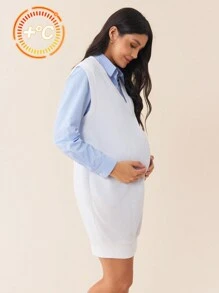 SHEIN 2pcs Maternity Outfit - Blue & White Striped Shirt With V-Neck Knit Long Sleeve Dress, Autumn & Spring - Blue and White - View 1