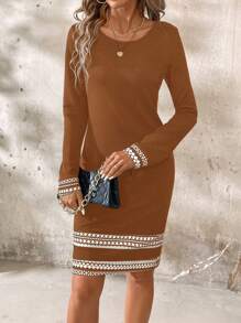 SHEIN Clasi 女士休闲圆领拼色几何图案长袖连衣裙，秋季 - 鏽棕色 - 查看 6