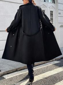 Calvaya Plus Size Turn-Down Collar Long Sleeve Button Belted Trench Coat - Black - View 2