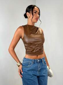 SHEIN BAE Women Plain Crew Neck Sleeveless Pleated Casual Tank Top - Mocha Brown - View 3