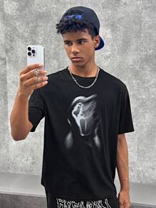 SHEIN 1pc Teen Boys' Casual Street Style Cool Printed Black Knitted Short Sleeve T-Shirt, Suitable For Summer Outings